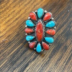 Turquoise and Red Stone Silver Ring
